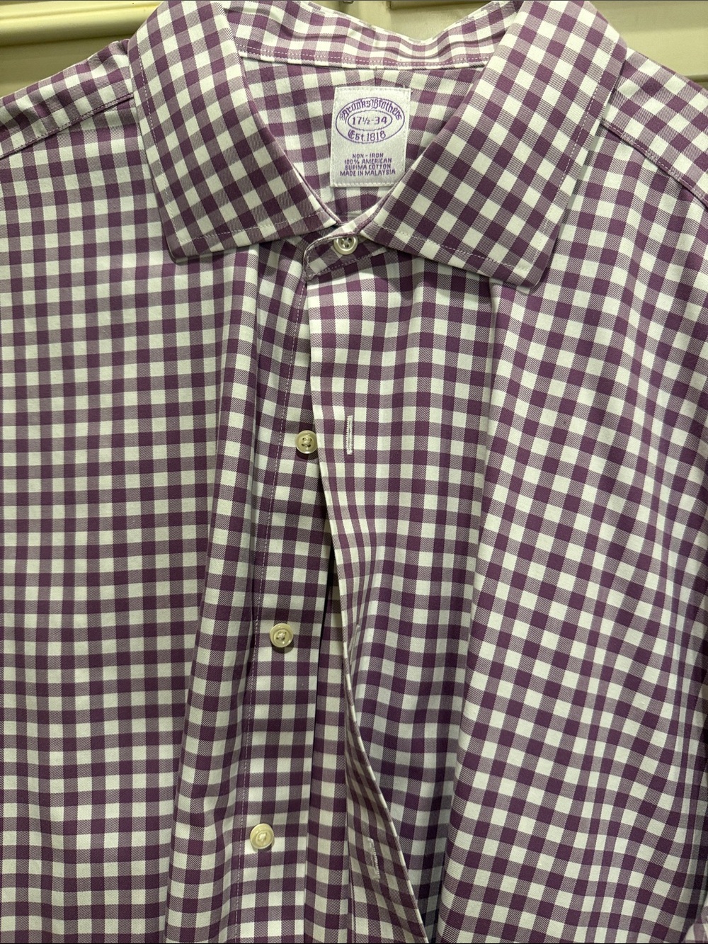 Brooks Brothers Purple and White Gingham Dress Shirt 17 1/2 - 34